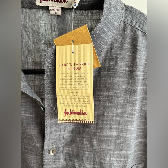 NWT FABINDIA Men's Slate Gray Khadi Woven Cotton Nehru Kurta Sz 38 Comfort M / L - Picture 3 of 9